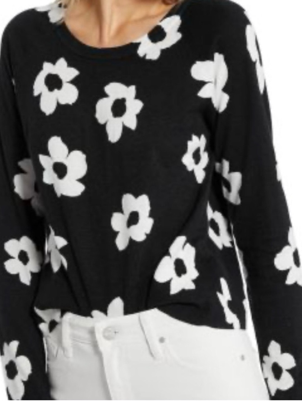 Sanctuary Black and White Floral Crewneck Light Sweater